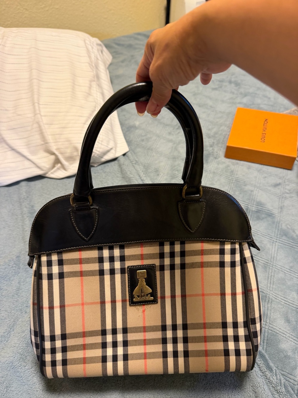 Burberry Beige Plaid Handbag with Black Trim